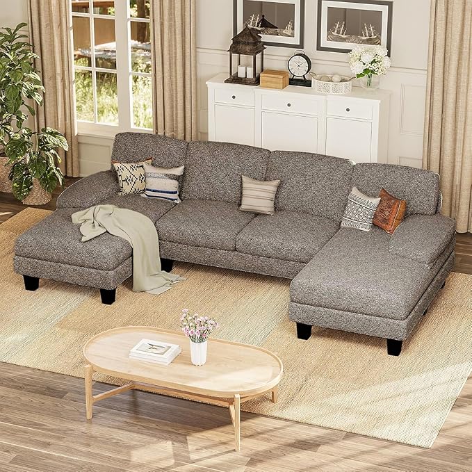 Furmax Sectional Couches for Living Room, U-Shaped Sofa Couch with Linen Fabric, 4 Seat Sofa Set with Double Chaise for Apartment (Loop Yarn, Pearl Gray)