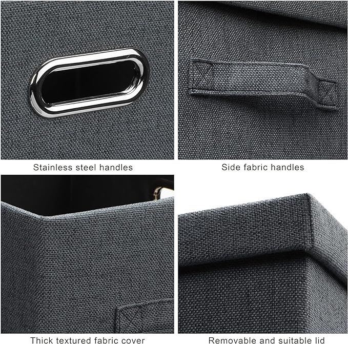 Large 17" 36 Quart Collapsible Stackable Storage Bins with Lids, 3 Packs Dark Gray Foldable Fabric Closet Storage Boxes with Lids, Heavy-duty Linen Cube Baskets(17x12x11)
