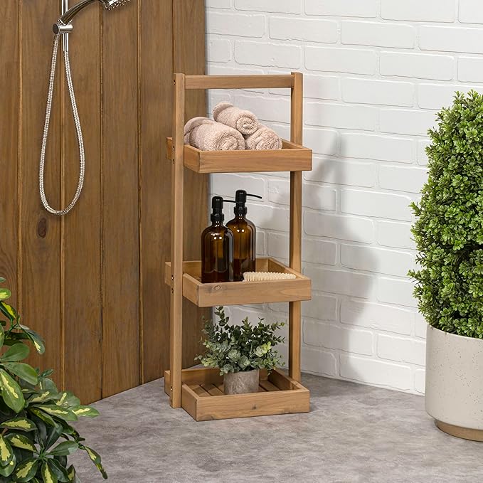 happimess SHF1001T Tilly 30" Classic Rustic 3-Tier Acacia Wood Freestanding Bathroom Shower Caddy with Handle, Rack for Bath, Office, Kitchen Desktop, Light Teak