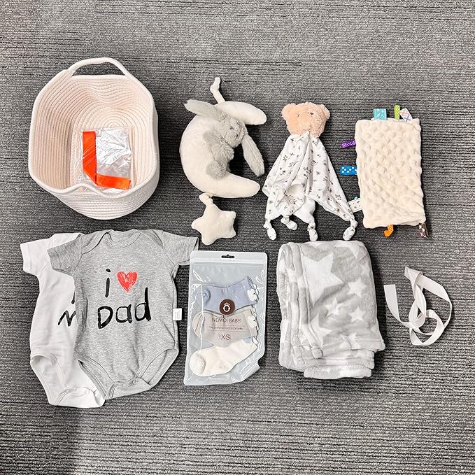CREVENT Gift Set for Girls Boys -Diaper Caddy Organizer Basket with 1 Blanket, 1 Taggie, 1 Lovey, 3 Socks,2 Baby Bodysuits, 1 Crib Mobile, 1 Gift Bag - Newborn Essential