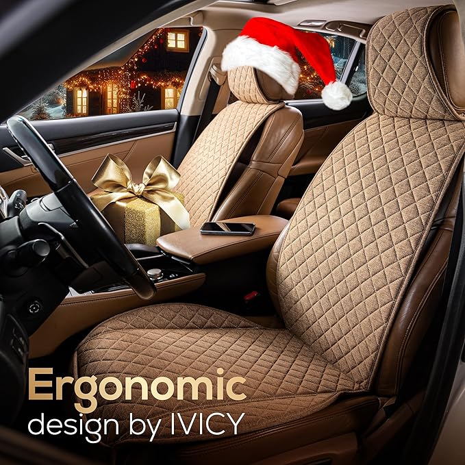 IVICY Faux Linen Car Seat Cover for Cars - Durable & Non-Slip - Front Car Seat Protector Covers for Most Automotive, Vans, SUVs, Trucks - 1 Unit – Light Brown