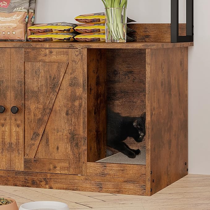 IRONCK Litter Box Enclosure with 4 Shelves and Doors, Large Wood Cat Litter Box Furniture Hidden with Storage and Scratch, Fit Most of Litter Box, Vintage Brown