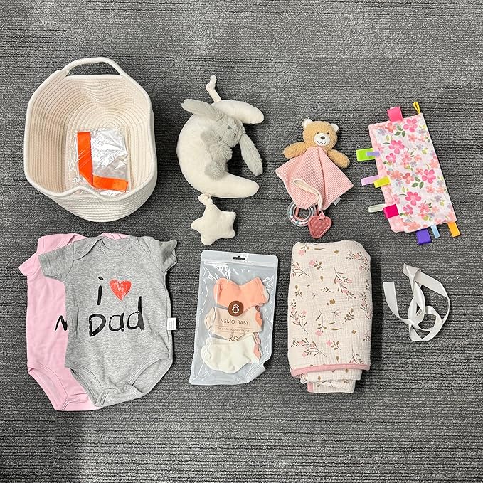 CREVENT Gift Set for Girls Boys -Diaper Caddy Organizer Basket with 1 Blanket, 1 Taggie, 1 Lovey, 3 Socks,2 Baby Bodysuits, 1 Crib Mobile, 1 Gift Bag - Newborn Essential