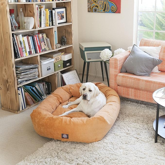 Majestic Pet 24 Inch Micro Velvet Calming Dog Bed Washable – Cozy Soft Round Dog Bed with Spine for Head Support - Fluffy Donut Puppy Mat 24x19x7 (inch) Small - Pearl