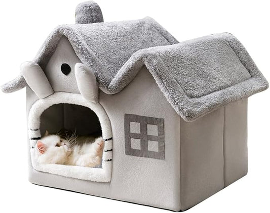 Luxury double roof indoor dog house grey foldable warm soft kennel with 30D memory sponge removable cushion and non-slip bottom – size L
