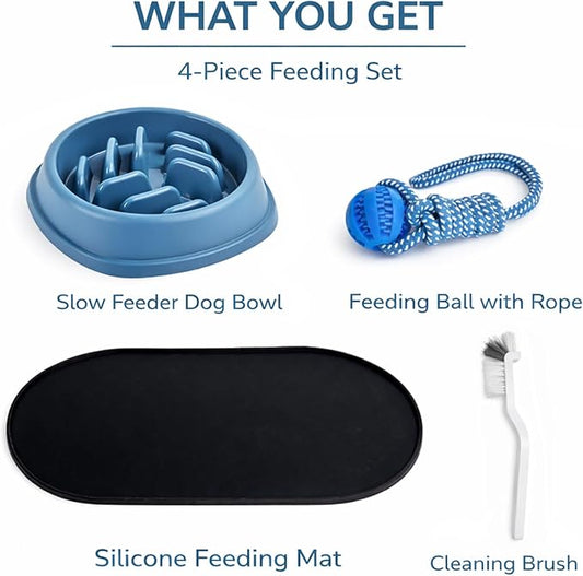 4-piece slow feeder dog bowl set with mat and feeding ball – puzzle bowl system for small dogs to slow eating and improve digestion