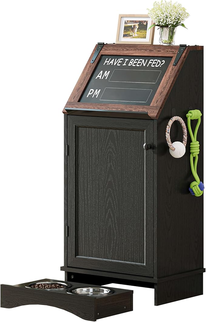 FIMELLO Dog Feeding Station with Storage Cabinet and Hidden Feeding Bowls Black Grain