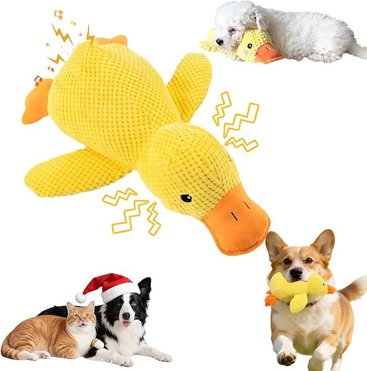 Calming plush duck toy dogs cats interactive squeaky chew toy realistic quacking sounds anxiety relief indoor outdoor large yellow