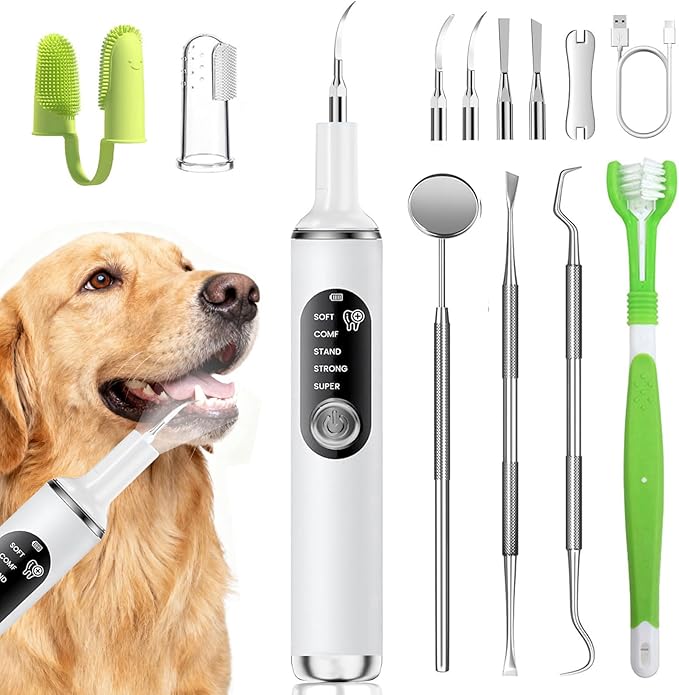 Dog plaque remover with LED light and 5 adjustable modes - ultrasonic pet teeth cleaning kit for dogs and cats white