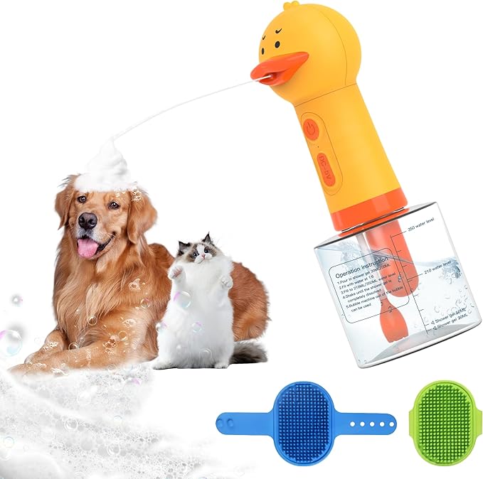 Electric pet soap dispenser with brush for cat and dog bathing – automatic foam shampoo sprayer for home grooming