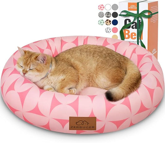 Donut round calming dog bed for small dogs and cats – ultra soft pink pattern, 20 inch washable pet bed