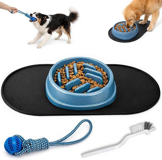 4-piece slow feeder dog bowl set with mat and feeding ball slow eating puppy small dogs easy clean smart feeding system