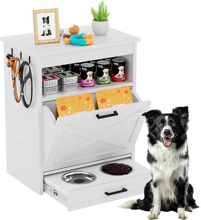 Modern white pet food storage cabinet with elevated dog bowls — stylish pet feeding station organizer for dogs and cats