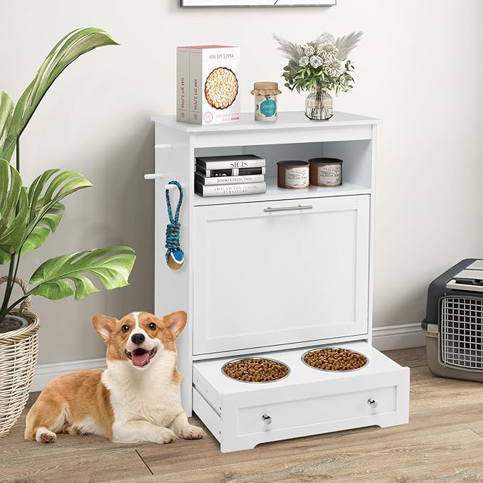 Dog feeding station with food storage cabinet stainless steel raised bowls and pet toy organizer in white – modern pet furniture for dogs