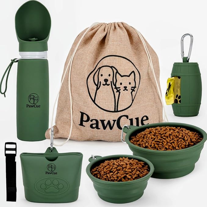 Dog Travel Kit 7-in-1 PawCue — portable pet travel essentials with collapsible bowls and water bottle for road trips