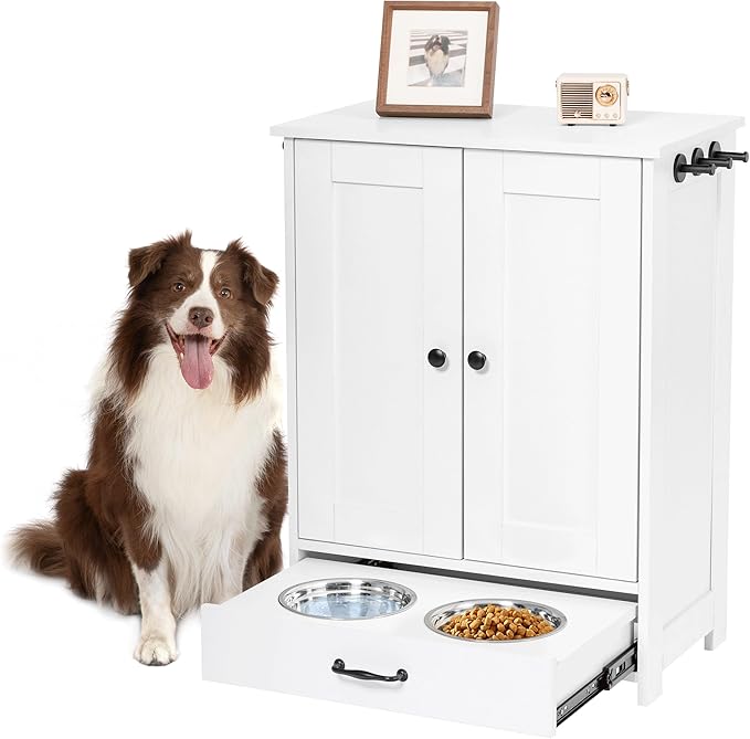 ALINE wood dog feeding station with storage cabinet and 2 elevated bowls in white – premium hidden pet feeder