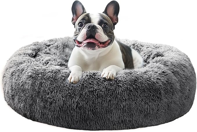 JOLLYVOGUE Calming Dog Bed Medium 27 inch anti-anxiety donut fluffy faux fur smoke black orthopedic premium pet bed