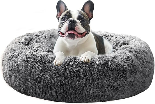 JOLLYVOGUE Calming Dog Bed Medium 27 inch anti-anxiety donut fluffy faux fur smoke black orthopedic premium pet bed