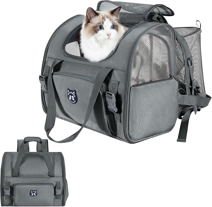 Expandable cat carrier backpack airline approved waterproof dark grey up to 14lbs — stress-free travel for cats