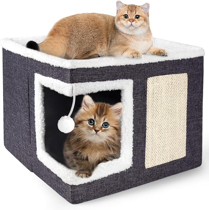 Large foldable cat condo hideaway with scratch pad and fluffy ball in dark grey — indoor cat house with reversible cushion for multi cats