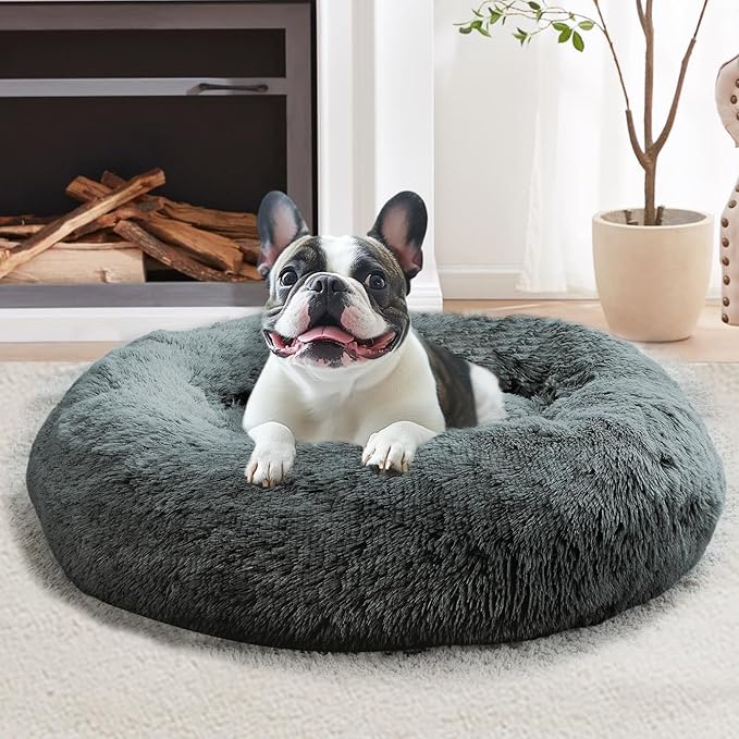 JOLLYVOGUE calming donut orthopedic pet bed for small dogs and cats – anti-anxiety washable round plush bed