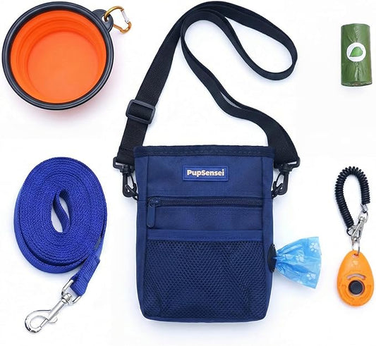 Dog training kit with 30ft long leash, magnetic treat pouch, clicker and collapsible bowl — complete puppy starter training set