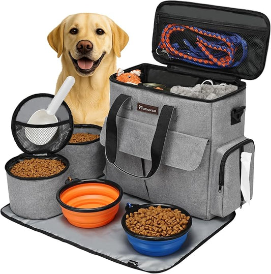 Modoker dog travel bag weekend pet travel set airline approved tote organizer with food containers collapsible bowls and feeding mat grey