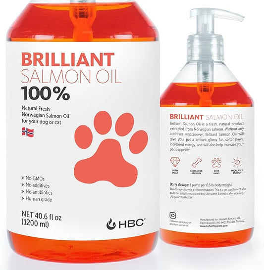 Brilliant Norwegian salmon oil supplement for dogs cats and horses — pure omega 3 6 9 fish oil for coat immune joint and brain health 40oz