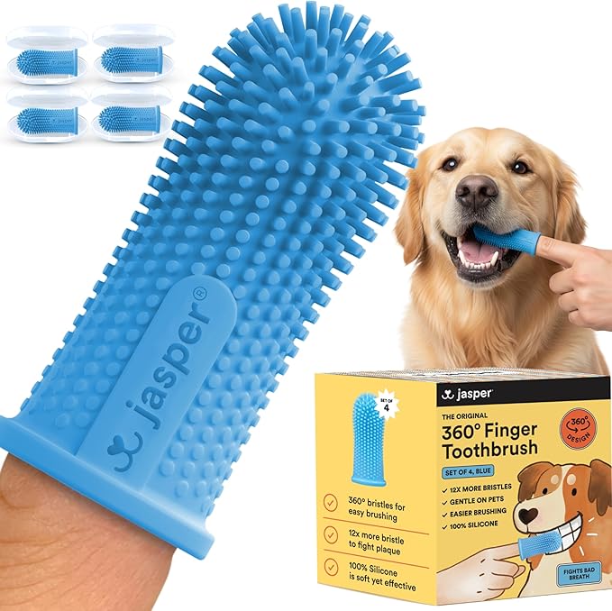 360 degree pet finger toothbrush kit dog and cat dental care 4-pack blue plaque and tartar removal