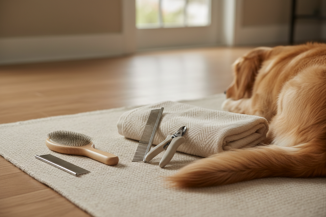 Basic dog grooming supplies organized for an at-home care routine
