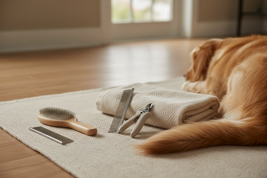 Basic dog grooming supplies organized for an at-home care routine