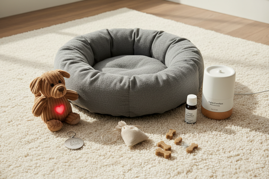 Calm Pet System product flat lay: donut bed, pheromone diffuser, and heartbeat plush toy