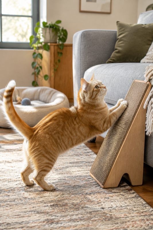 Cat scratching an angled board beside a sofa in a living room