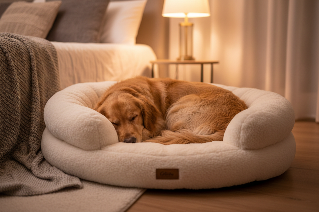 Golden retriever curled up sleeping in a calming donut dog bed