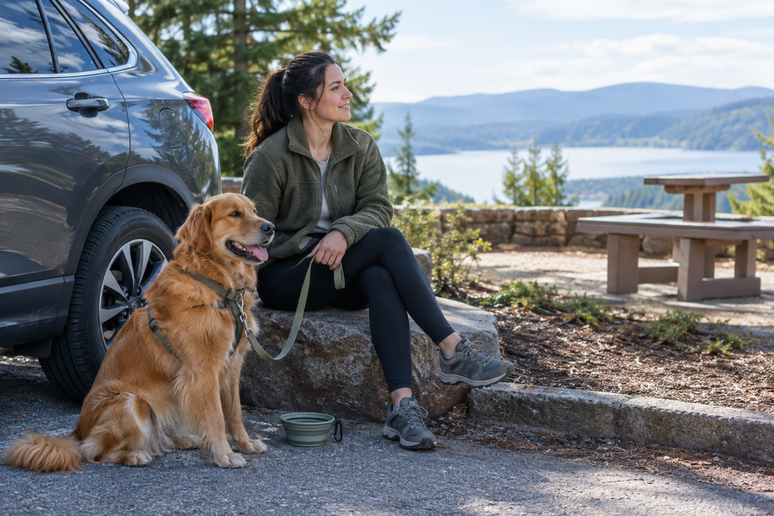 Leashed golden retriever resting with its owner beside a parked car at a scenic rest area.