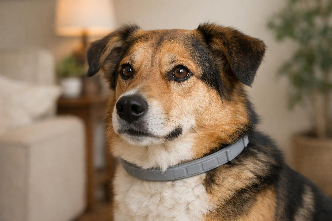Dog wearing a pheromone collar, calm and relaxed