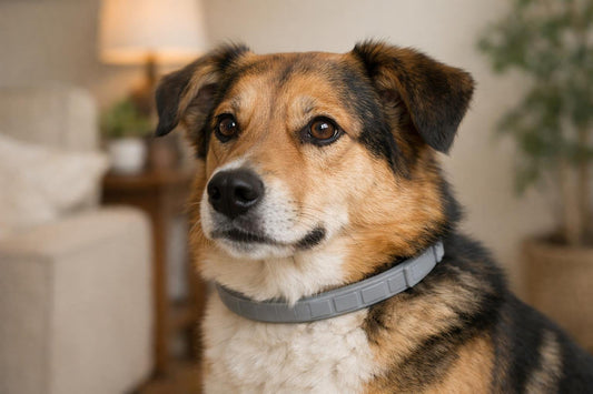 Dog wearing a pheromone collar, calm and relaxed