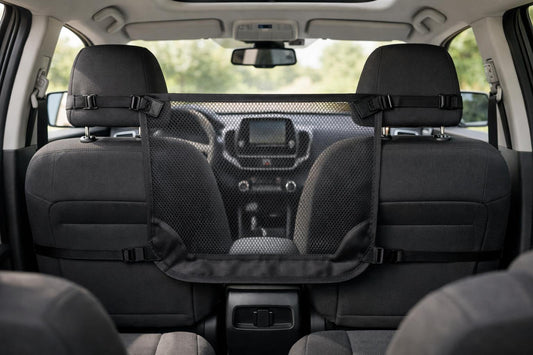 Flyspear style pet barrier installed between front and back seats