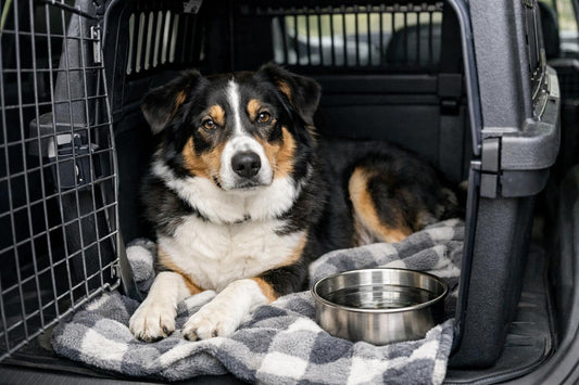 Dog resting in a secured car crate with travel blanket and water bowl