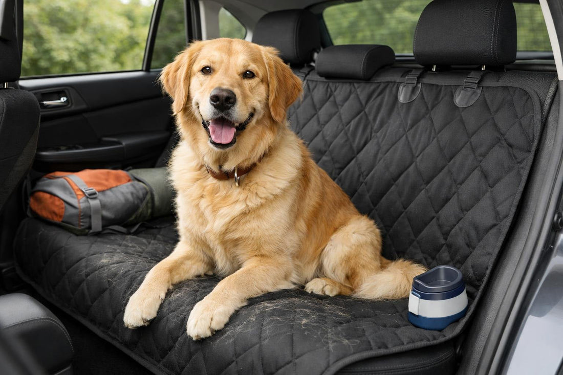 Dog on a covered car seat with visible leash