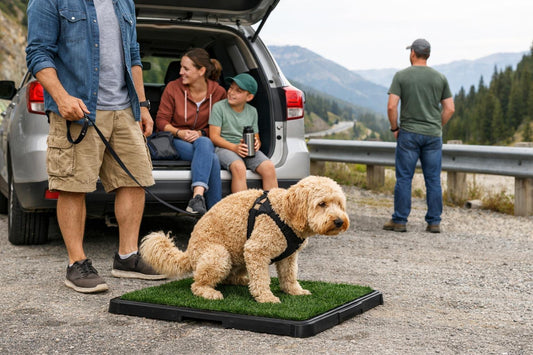 Dog using a portable travel potty at a highway rest stop