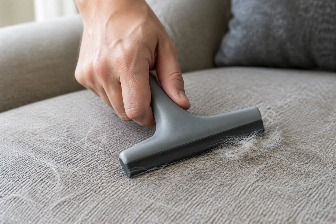 Rubber pet hair remover on couch, removing pet fur