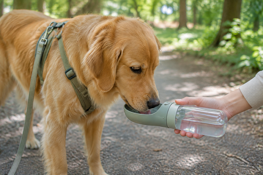 Dog drinking water from a portable travel bottle during a shaded walk