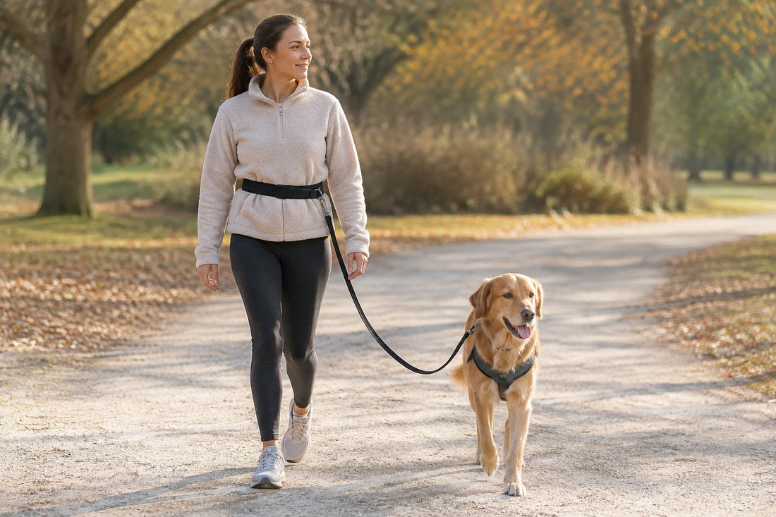 Dog walker using a hands-free waist leash on a quiet park path