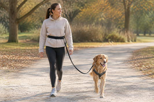 Dog walker using a hands-free waist leash on a quiet park path