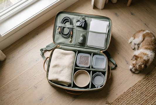 Organized pet travel essentials packed into separate compartments for a weekend trip.