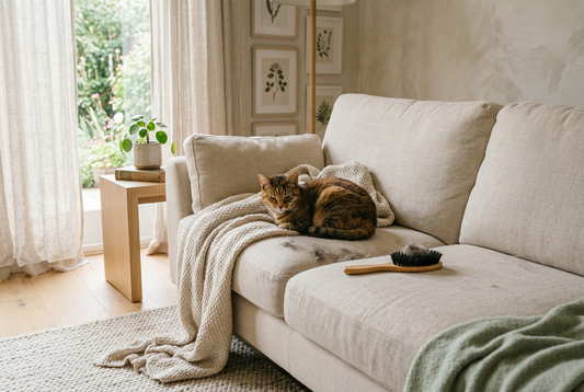 Reusable pet hair brush beside a couch in a pet-friendly living room.