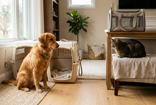 Dog and cat beside separate pet carriers during travel preparation.