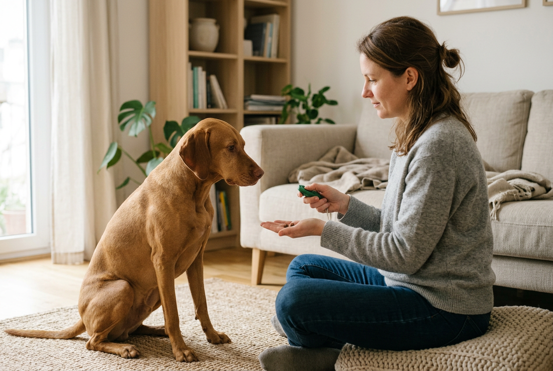 Calm dog practicing clicker training with a handler at home.