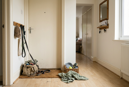 Pet walking supplies cluttering a small front door entryway.